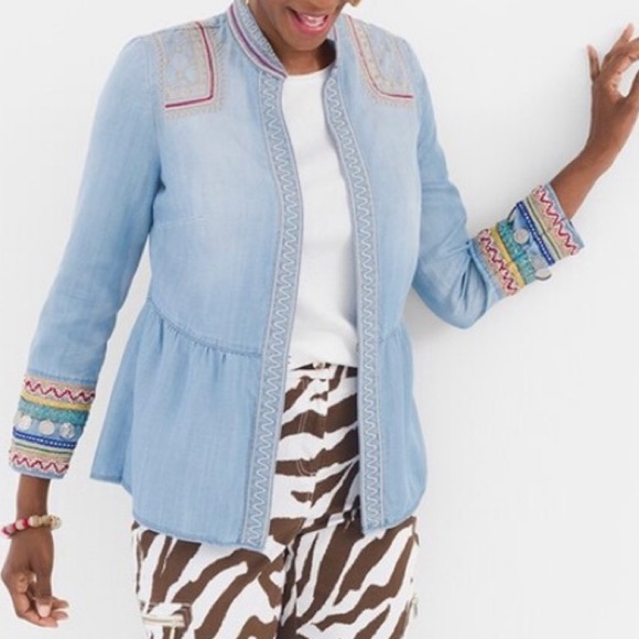 Chico's Jackets & Blazers - XLP // Chico’s Blue Chambray Embroidered Coin Detail Peplum Jacket Blazer